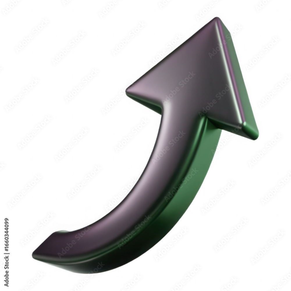 Poster glossy metallic arrow pointing upwards and to the right indicating growth progress and success isola