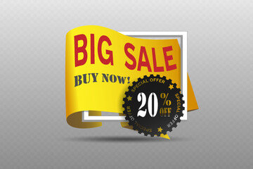 Yellow banner with big sale and black special offer label.