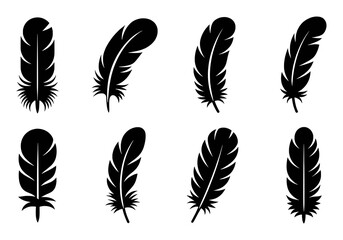 Collection of eight black feather icons on a white background