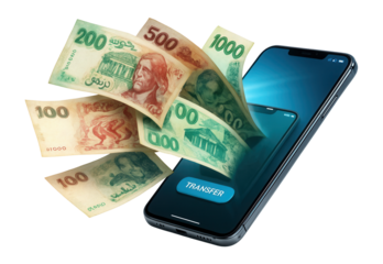 Algerian dinar notes emerging from a smartphone, illustrating online money transfer.