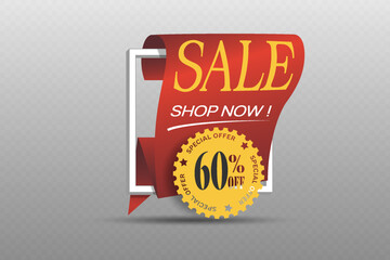 Red ribbon banner with golden badge template