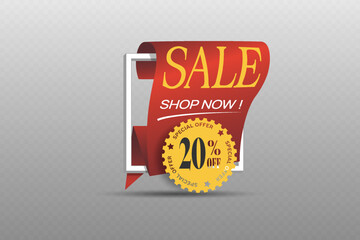 Red ribbon banner with golden badge template