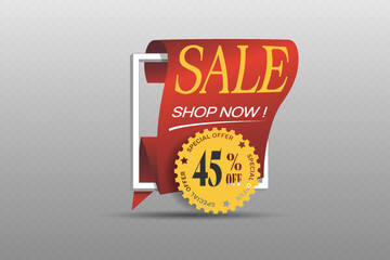 Red ribbon banner with golden badge template