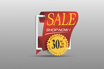 Red ribbon banner with golden badge template