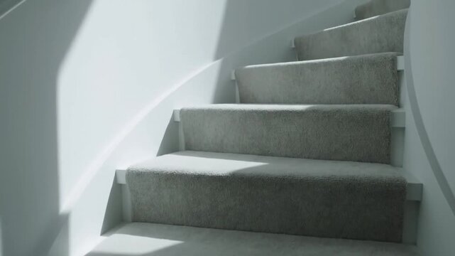 Modern white staircase with soft grey carpet bathed in natural light and elegant shadows creating a serene and minimalist interior design aesthetic for contemporer