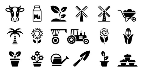 Collection of Farming and Agriculture Icons: Cow, Tractor, Plants, and More