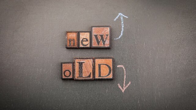 Chalk animation illustrating the contrast between New and Old using wooden block letters and directional arrows on a blackboard