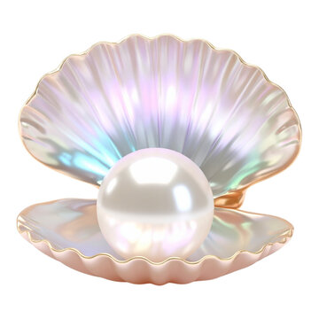 A beautiful white seashell with a large, shiny pearl inside, a symbol of luxury and beauty on a transparent background