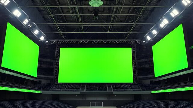 Large vertical digital screen with green screen inside empty conference hall, chairs arranged, wide perspective, photorealistic 4K