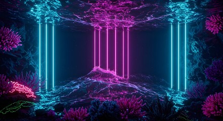 Futuristic underwater wallpaper with neon corals, glowing waves, and cyberpunk deep sea lights, perfect seamless background