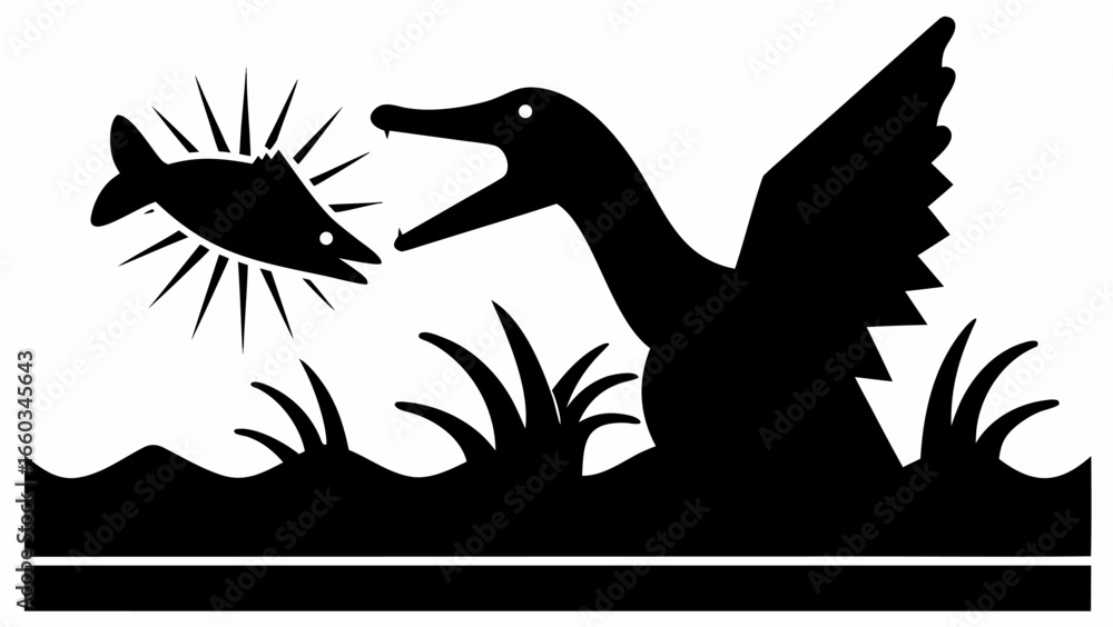 Poster silhouette of a duck catching a fish in a grassy area with a water line at the bottom of the image a