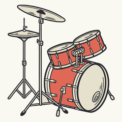 Red Drum Set Illustration with Cymbals