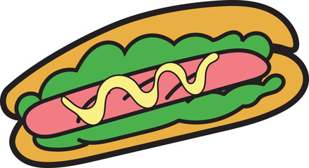 Hot Dog Sandwich Cartoon in Cute Kawaii Hand-Drawn Doodle Style for Kids, Fun Clipart for Creative Projects and Learning Materials