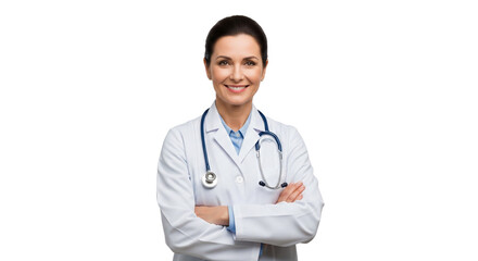 Confident Female Doctor Smiling with Stethoscope, Isolated on White Background