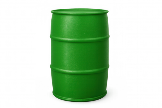 Green metal barrel positioned on a transparent background, perfect for creating composites and adding an industrial touch to designs