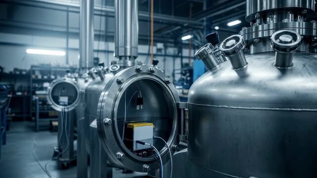Industrial workshop background with large metallic pressure vessels designed specifically for lithiumpolymer battery submersion tests.