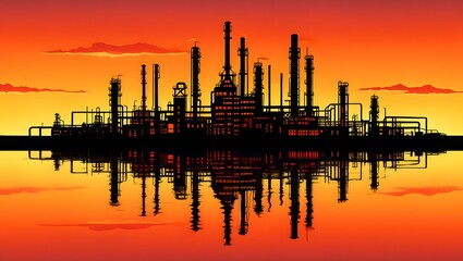 Fototapeta premium Silhouette of Industrial Oil Refinery Against Fiery Sunset Sky with Symmetrical Water Reflection, Highlighting Energy Production and Industrial Beauty