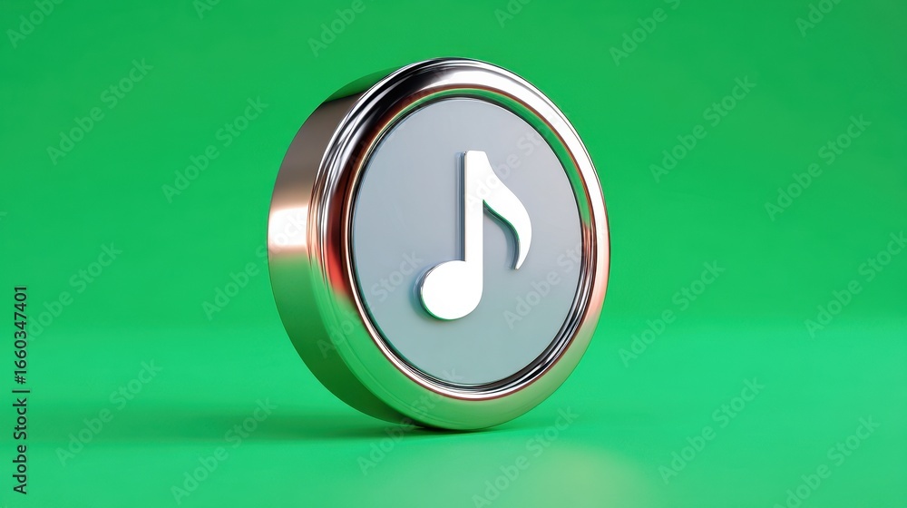 Poster metallic button with music note icon is displayed against vibrant green background, showcasing moder