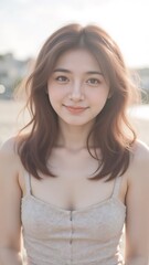 Naklejka premium Young woman with brown wavy hair smiles at the beach during golden hour.