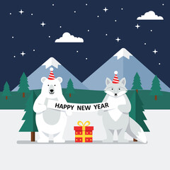 flat vector of animal character polar white bear and white fox on snowy day with gift box present and happy new year sign