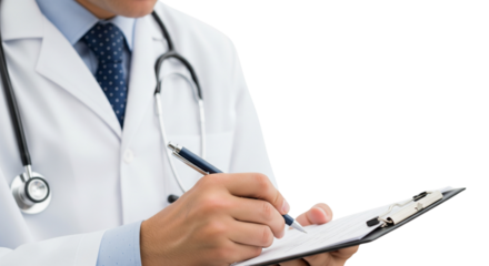 Professional Doctor in White Lab Coat Writing Medical Notes on Clipboard