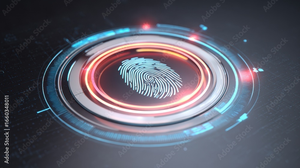 Poster digital fingerprint scanner with glowing circular interface, featuring futuristic design and vibrant