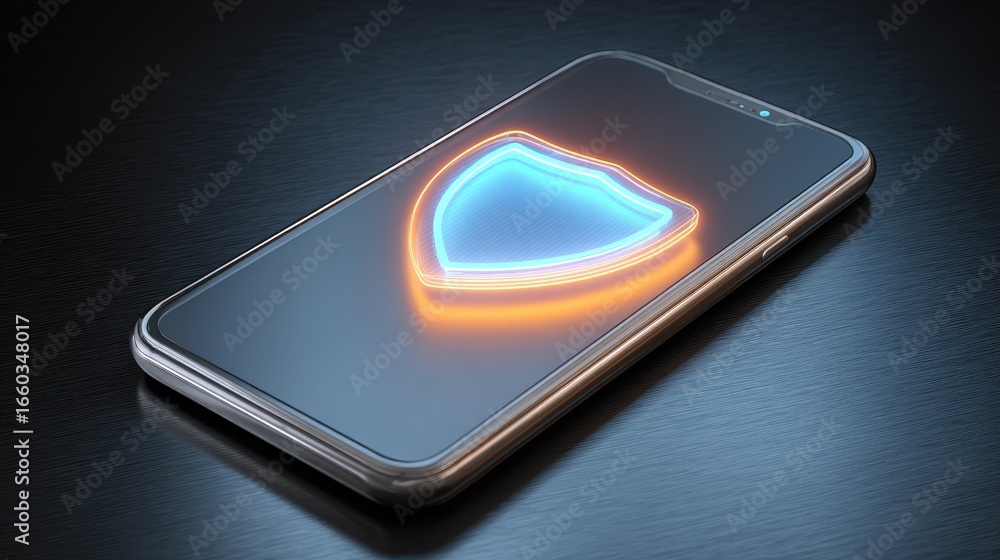 Poster 3d render of modern smartphone with glowing shield hologram on its screen, symbolizing data protecti