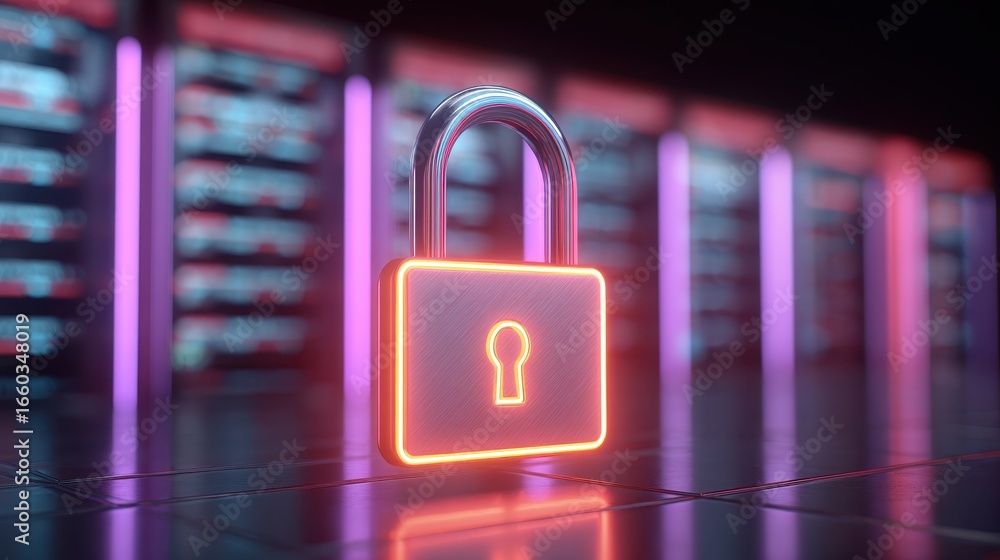 Poster glowing padlock floating in futuristic server room, symbolizing cybersecurity and data protection. v
