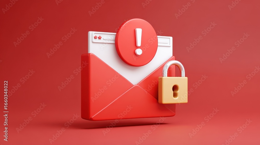 Poster 3d render of red email envelope with exclamation mark symbol on top, representing phishing attempt o
