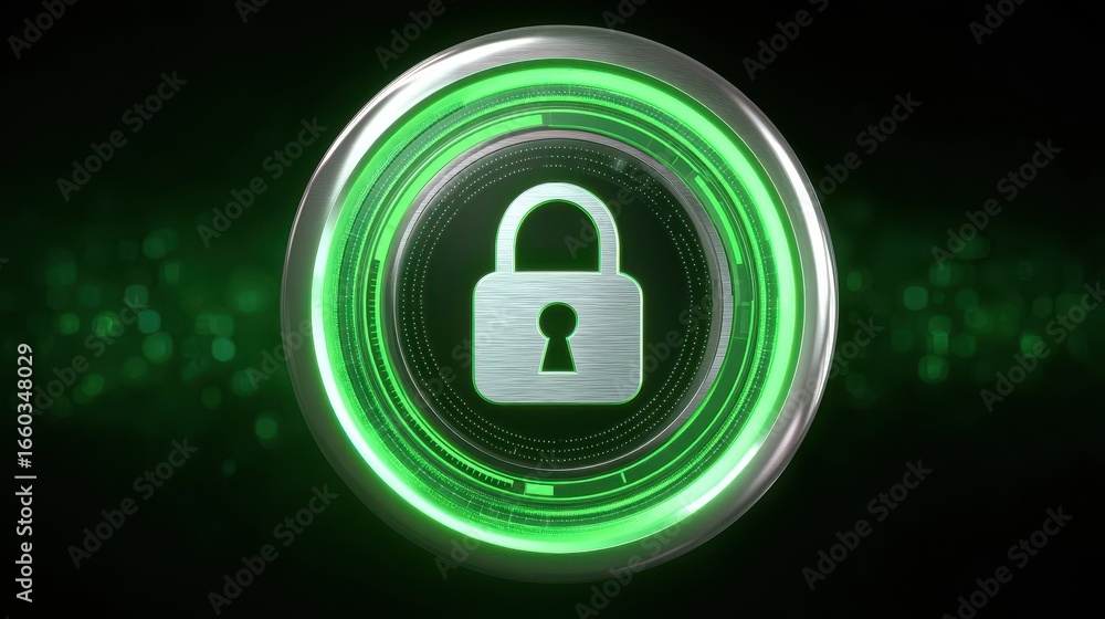 Poster glowing green circular lock icon symbolizes cybersecurity and data protection, with futuristic digit