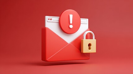 3D render of red email envelope with exclamation mark symbol on top, representing phishing attempt or security alert. padlock is attached to envelope, symbolizing cybersecurity and data protection