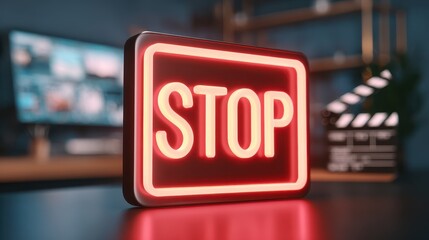 Glowing red neon STOP sign is displayed on desk in modern workspace, with blurred background featuring computer monitor and clapperboard, creating cinematic atmosphere