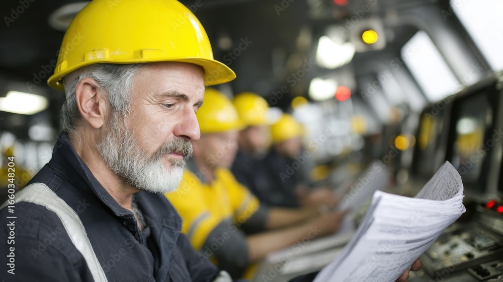 Poster safety officer in a mining control center reviewing hazard reports medium shot capturing focused doc