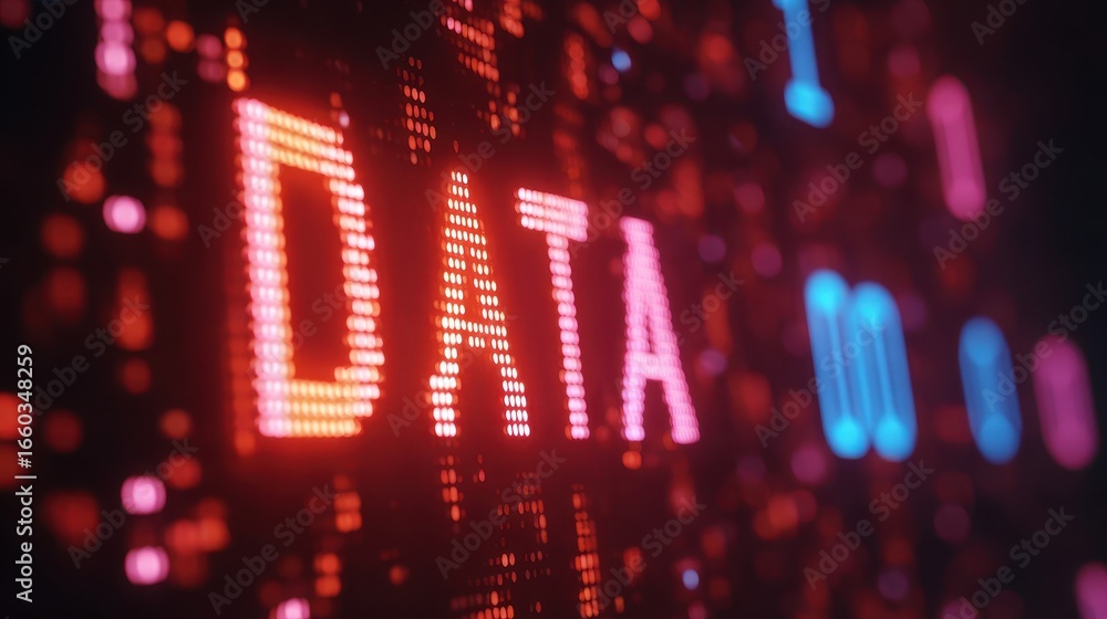 Poster word data is illuminated in bright red on digital screen, surrounded by glowing binary digits and ab