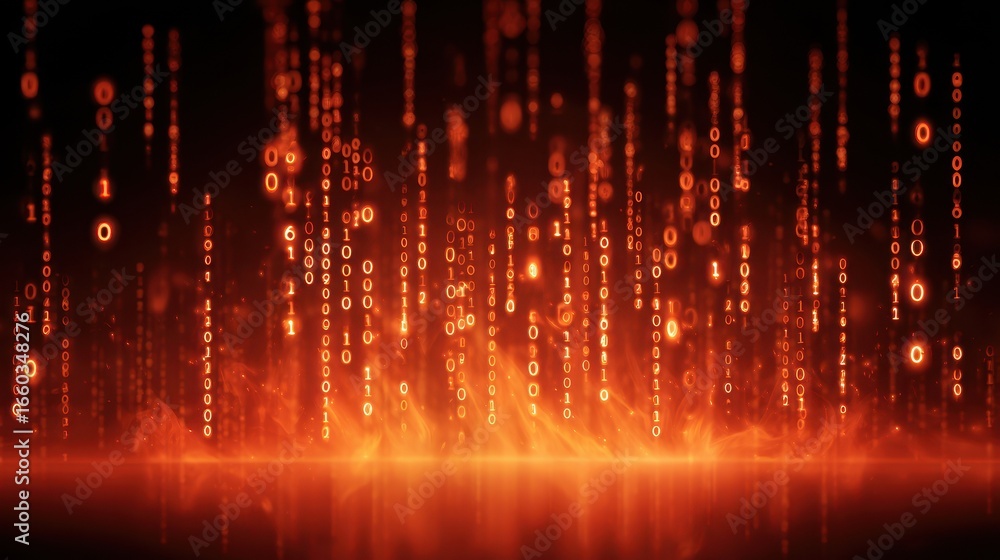 Aufkleber binary numbers glowing in fiery red hues rise like flames, creating futuristic and dynamic digital a