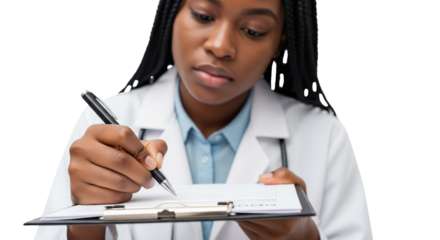 Focused African American Female Doctor or Medical Student Writing Notes on Clipboard