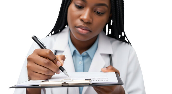 Focused African American Female Doctor or Medical Student Writing Notes on Clipboard