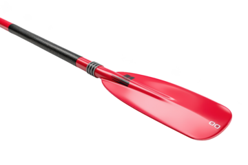 Red kayak paddle with black shaft, angled blade, and ergonomic design for water sports