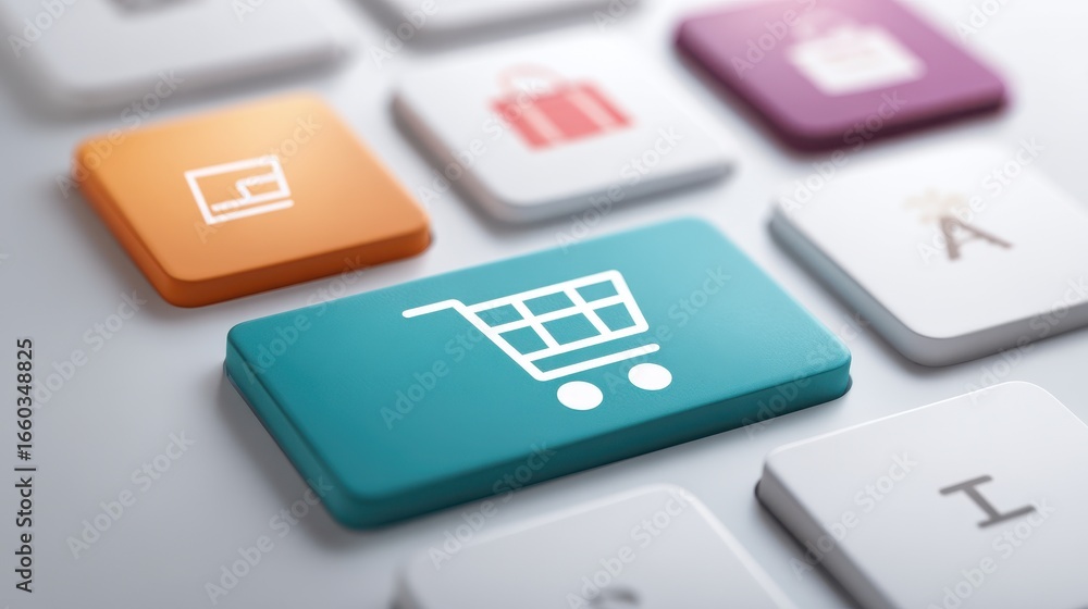 Poster close up of keyboard with focus on blue button featuring shopping cart icon, symbolizing e commerce 