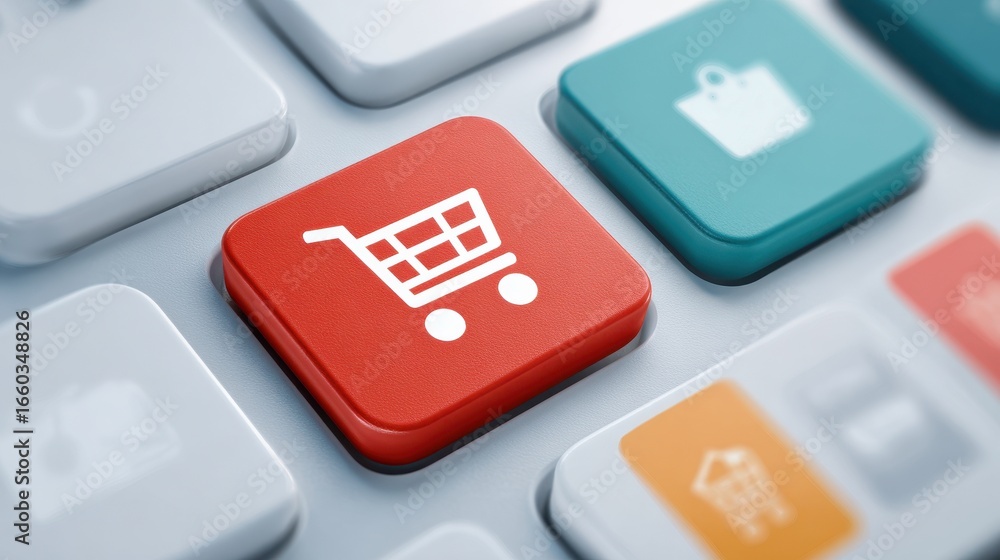 Poster red button with shopping cart icon on keyboard, symbolizing online shopping and e commerce. button s