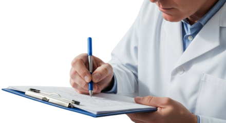 Focused Healthcare Professional or Scientist in Lab Coat Writing on Clipboard