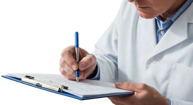 Focused Healthcare Professional or Scientist in Lab Coat Writing on Clipboard