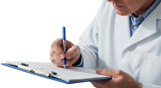 Focused Healthcare Professional or Scientist in Lab Coat Writing on Clipboard