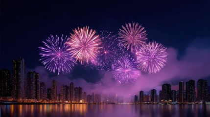 Fototapeta premium Fireworks lighting up city skyline with vibrant colors, reflecting on calm water at night, creating festive and celebratory atmosphere