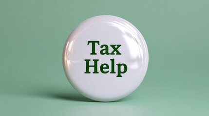 Glossy white button with text Tax Help in bold green letters, placed against soft green background, conveys professional and approachable tone for financial assistance