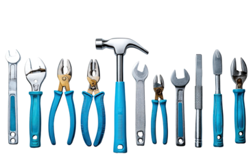 A diverse collection of tools, arranged in a horizontal row against a dark background.  Various types of wrenches, pliers,