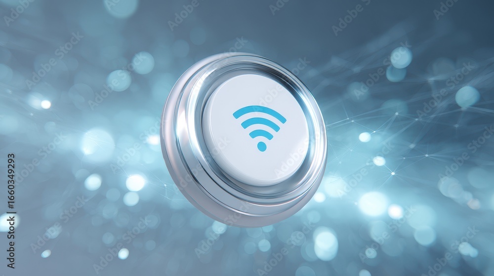 Poster futuristic button with glowing wifi icon floating in digital, abstract background of blue light part