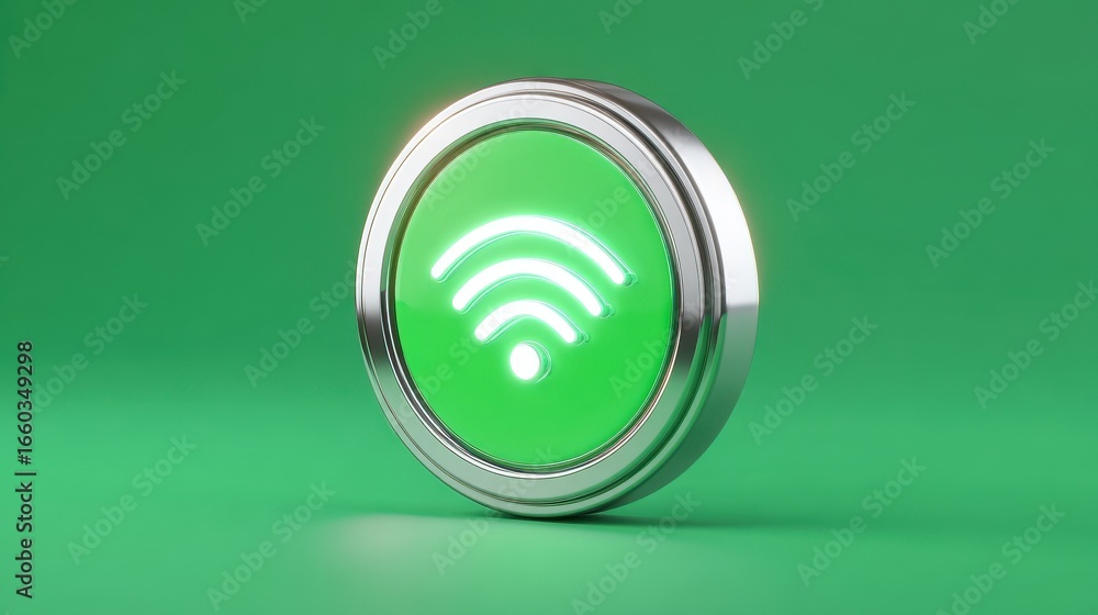 Poster futuristic metallic button with glowing wifi symbol on vibrant green background, representing connec