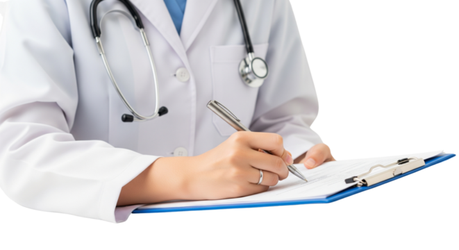 Medical Professional Writing on Clipboard with Stethoscope – Isolated on White - Powered by Adobe