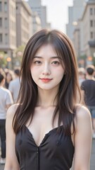 Fototapeta premium Young woman in black top smiles in a crowded city street during daytime.